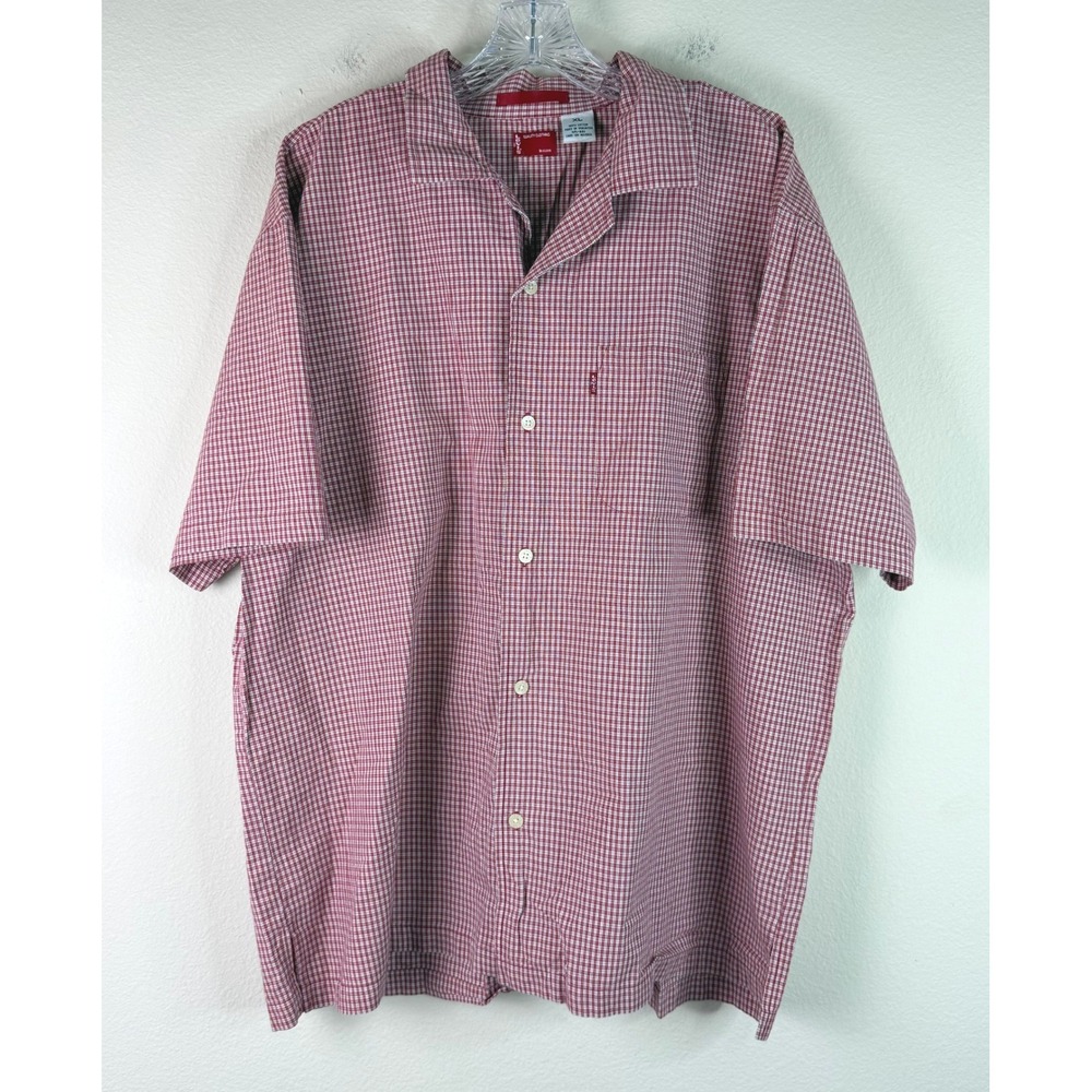 Levis Button Down Shirt Mens XL Red White Micro Check Short Sleeve Camp Collar